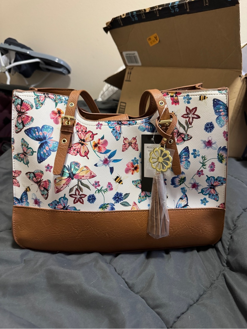 NWT- Bueno Collection Butterfly Print Tote Bag with Tan Trim